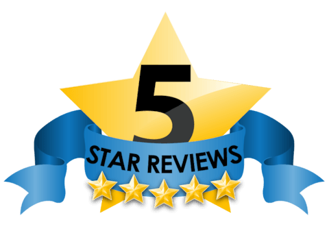 5-star review graphic: a yellow star with the number 5, a blue banner stating 