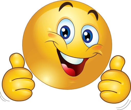 Yellow smiley face with big eyes and a wide smile, giving two thumbs up.