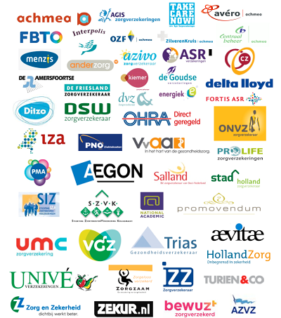 Een collage van verschillende logo's van diverse Nederlandse zorgverzekeraars op een witte achtergrond.