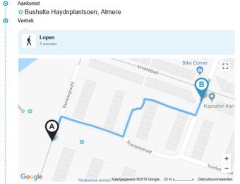 Een kaart met een wandelroute van drie minuten van punt A naar punt B in de buurt van de bushalte Haydnplantsoen in Almere.