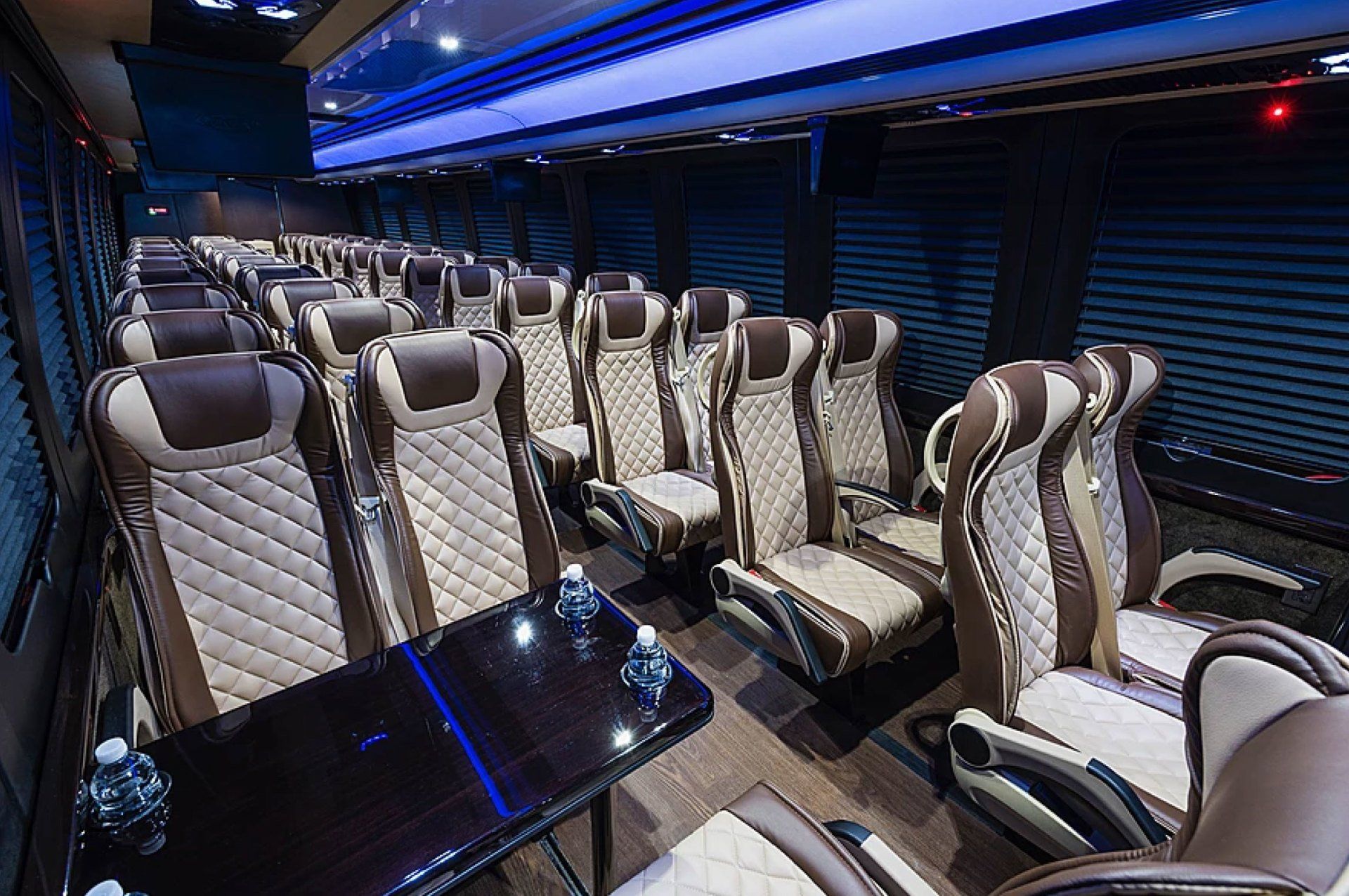 47 passenger white coach shuttle bus interior seating view