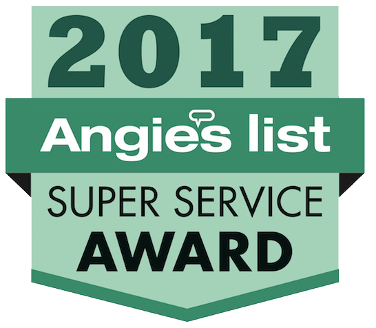 Angie's List 2017 Super Service Award badge, green and white, with stylized shapes and text.