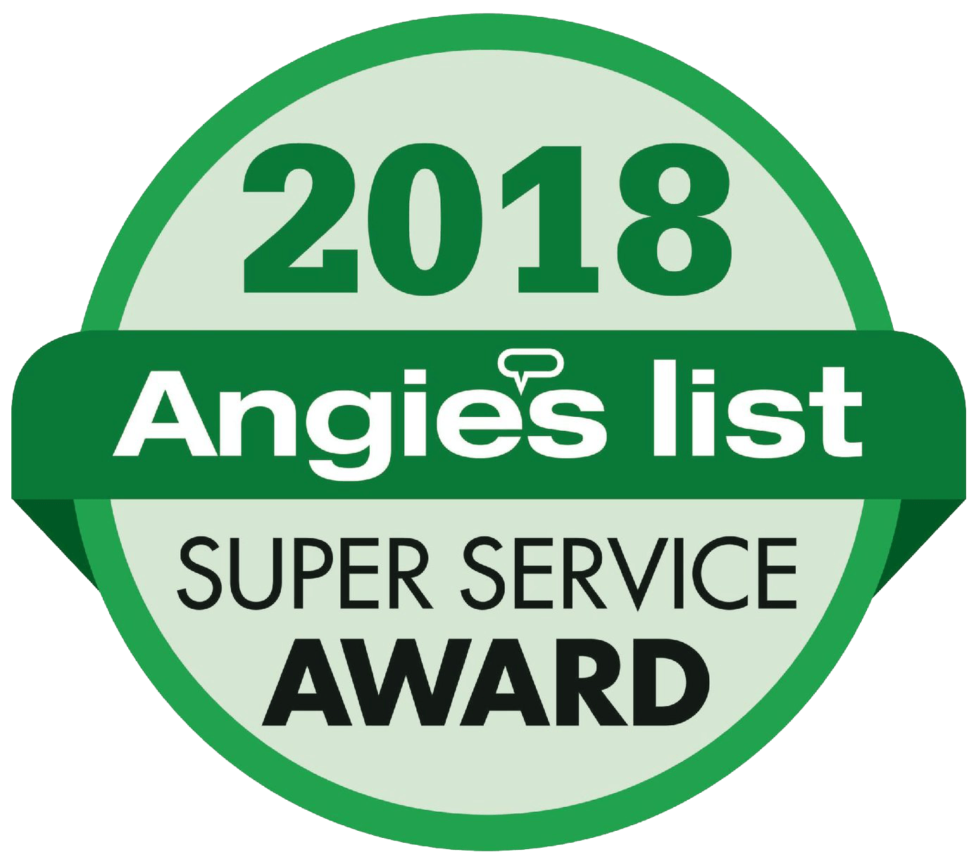 Angie's List Super Service Award badge, circular design, green and white. Text: