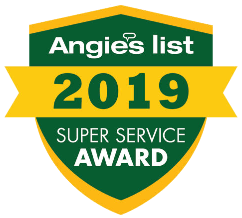 Angie's List Super Service Award 2019 badge: green and gold shield with text.