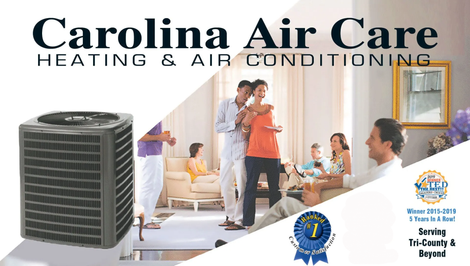 Carolina Air Care advertisement: AC unit, happy family in a home.