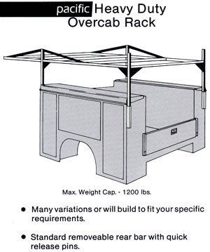 Overcab rack on a truck bed, with a 1200 lb weight capacity. Features removable rear bar.