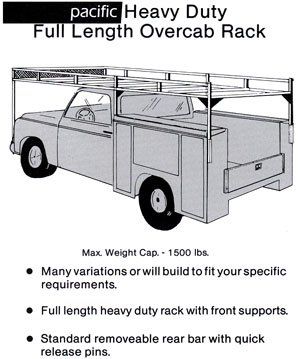Line drawing of a truck with a heavy-duty full-length overcab rack. Text notes weight capacity and features.