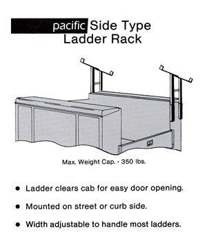 Diagram of a Pacific side-type ladder rack mounted on a truck bed. It has a 350 lbs weight capacity.