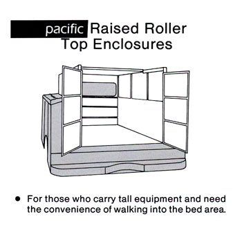 Diagram of a truck bed enclosure with open doors, showcasing storage space for tall equipment.