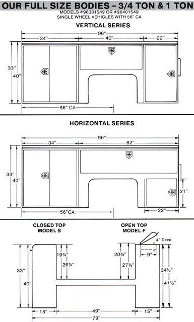Diagram of truck bodies: vertical, horizontal series, and two models (S & F), with dimensions.