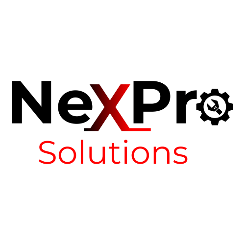 The logo for nexpro solutions is black and red.