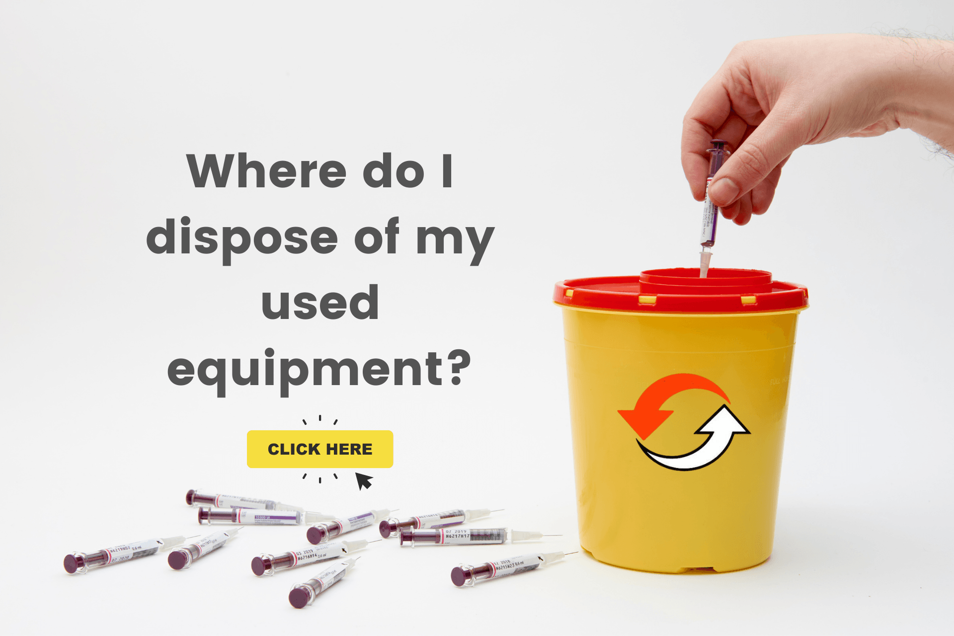 A person is putting a syringe into a yellow container.