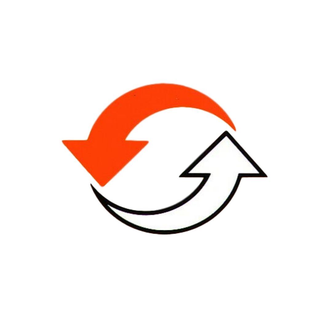 A red and black arrow in a circle on a white background.