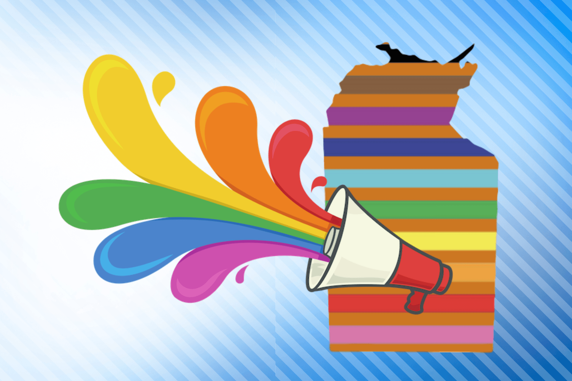 A cartoon illustration of a megaphone with colorful splashes coming out of it
