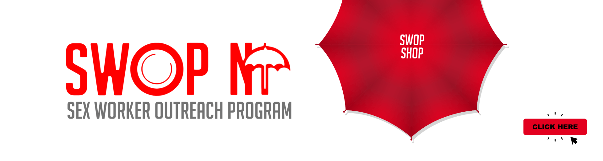 A red umbrella with the word swop on it