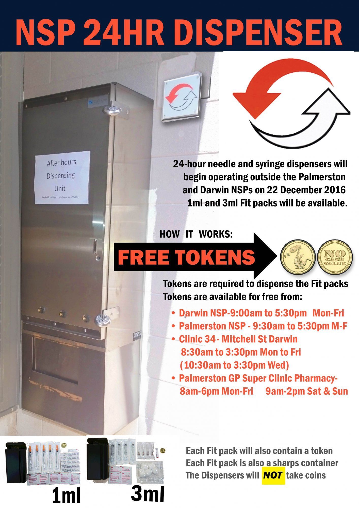 A poster for a nsp 24hr dispenser with free tokens