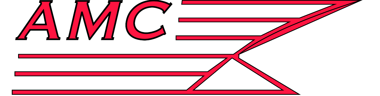 Red AMC logo with stylized horizontal lines forming the letters and a zigzag emblem on white background
