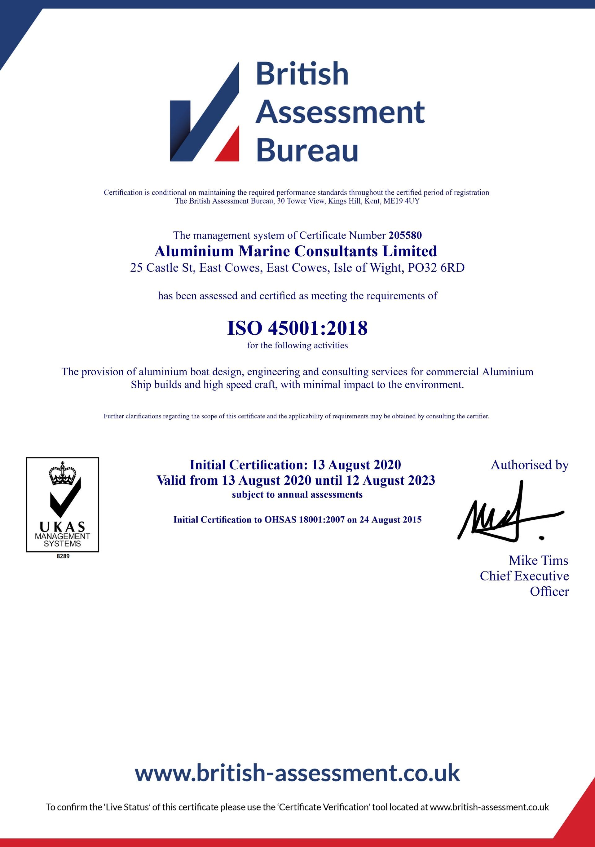 AMC Gets British Assessment ISO 45001 certification ISO 45001 certificate for Aluminium Marine Consulatants.