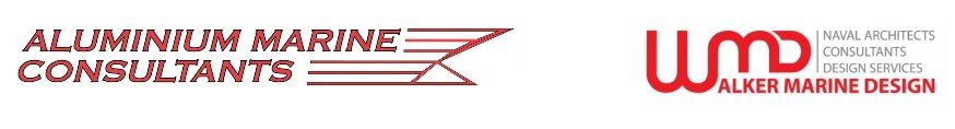 Two company logos: Aluminum Marine Consultants and WMD Walker Marine Design in red and gray.