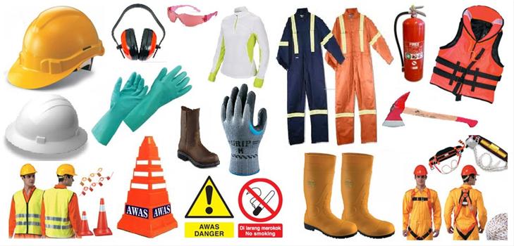 A variety of safety equipment including helmets gloves and boots