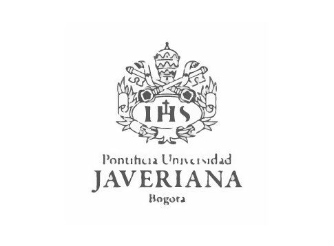 The logo for pontificia universidad javeriana is black and white.