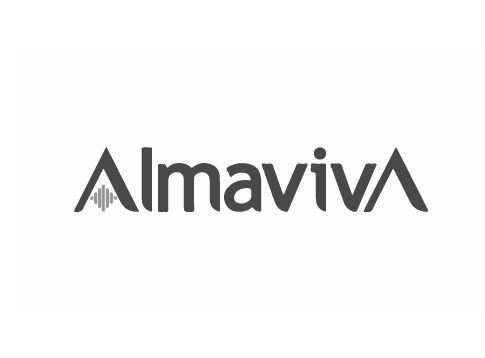 Un logotipo en blanco y negro para almaviva sobre un fondo blanco.