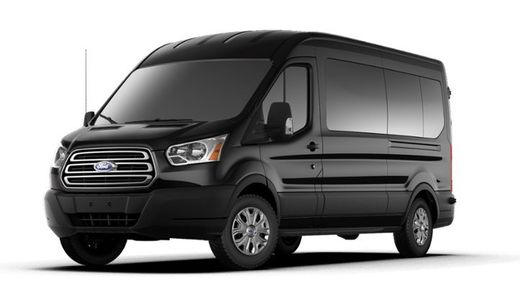 Black Ford Transit passenger van.
