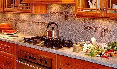 A kitchen with wooden cabinets and a stove top oven