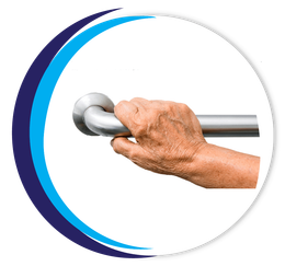 Elderly hand holding a grab bar in a bathroom