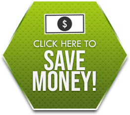 Green hexagon badge with dollar icon and text “Click here to save money!”
