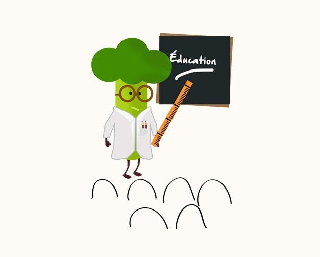 Un dessin animé d'un brocoli tenant un tableau noir sur lequel est écrit éducation