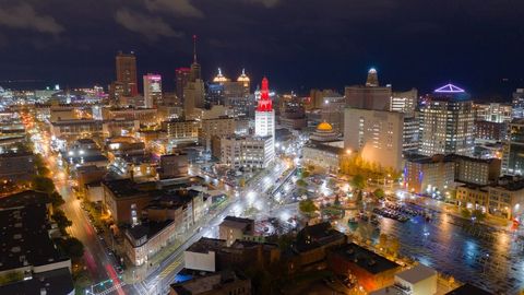 A nighttime aerial view of Buffalo, NY