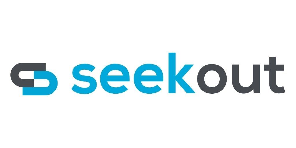 The logo for seekout is blue and black on a white background.