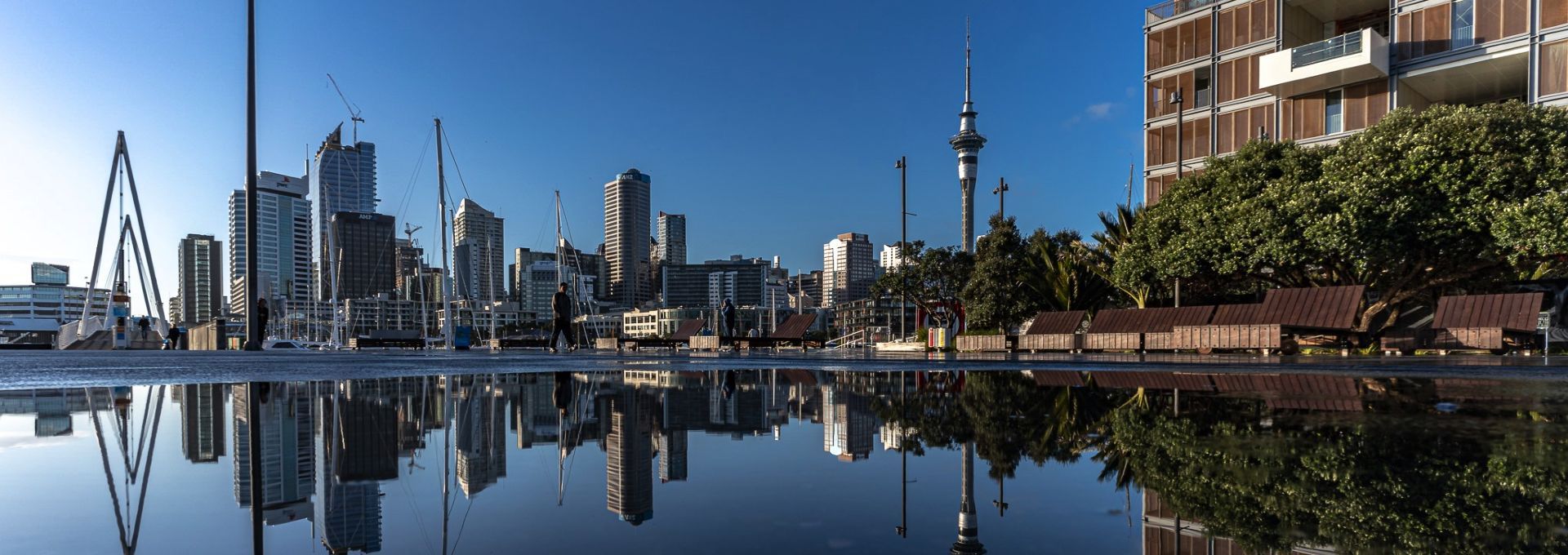 A city skyline is reflected in a puddle of water.