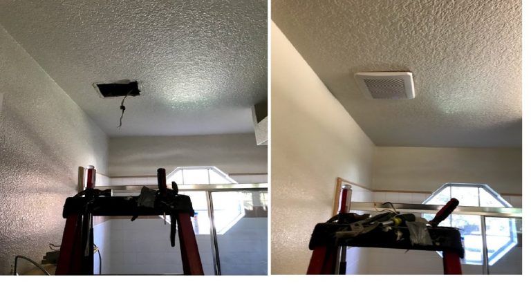Ceiling before and after: a square hole with wires vs. a white vent. Red ladder visible.