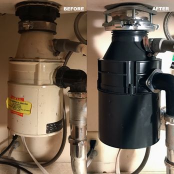 Before and after photos of a kitchen sink garbage disposal replacement. The old disposal is beige and the new one is black.