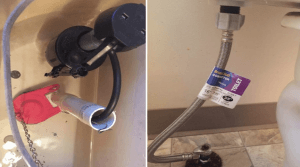Toilet tank interior: flapper valve, fill valve, water supply line.