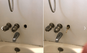 Bathtub with shower fixtures. One faucet handle removed, revealing a brass stem.