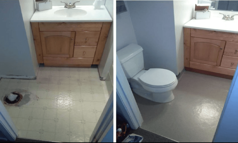 Bathroom before and after renovation: light cabinets, white toilet, and gray floor.