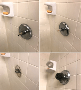 Four images showing a shower faucet being disassembled and reassembled with different parts.