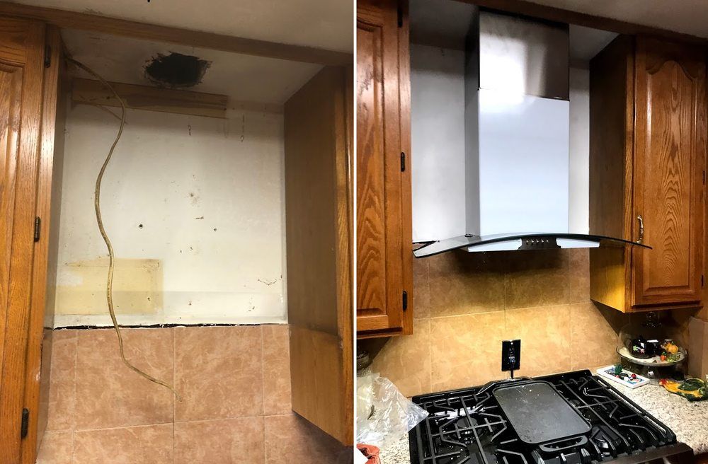 Kitchen before and after: bare space with wires, then a stainless steel range hood installed above the gas stovetop.