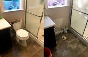 Two views of a small bathroom with toilet, shower, and vanity. One view shows the toilet in front.