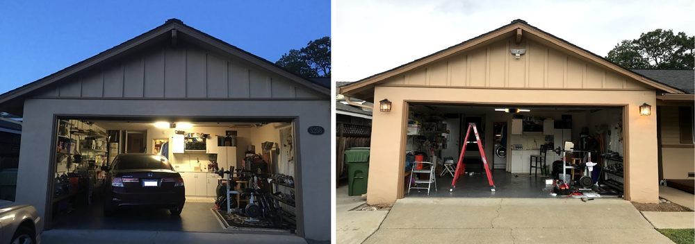 Two garage views, one dark with car and motorcycle inside, the other lighter with red ladder and clutter.