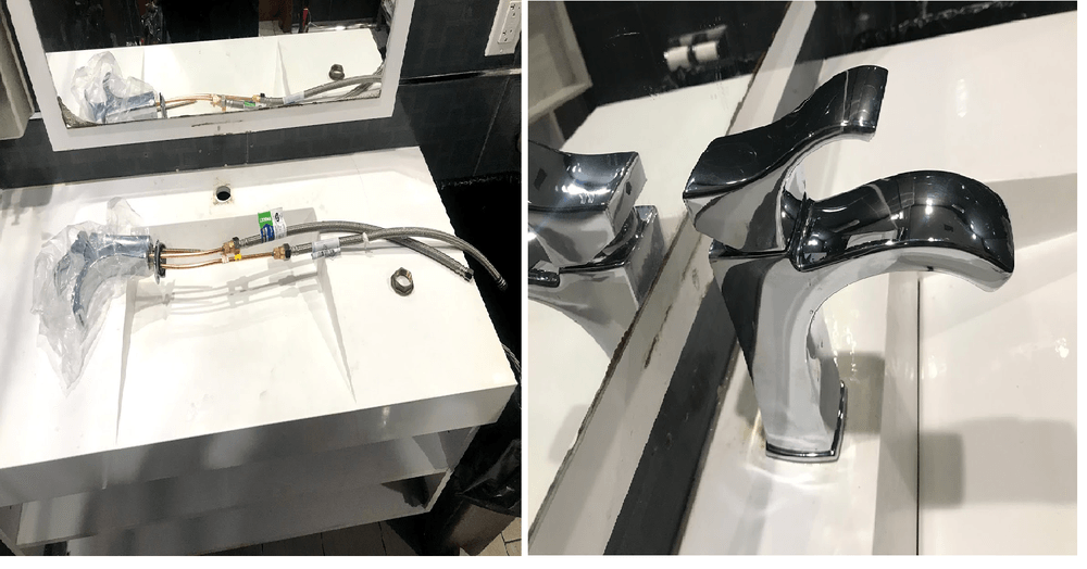 A bathroom sink with a modern chrome faucet, close-up view. The sink has a white countertop.