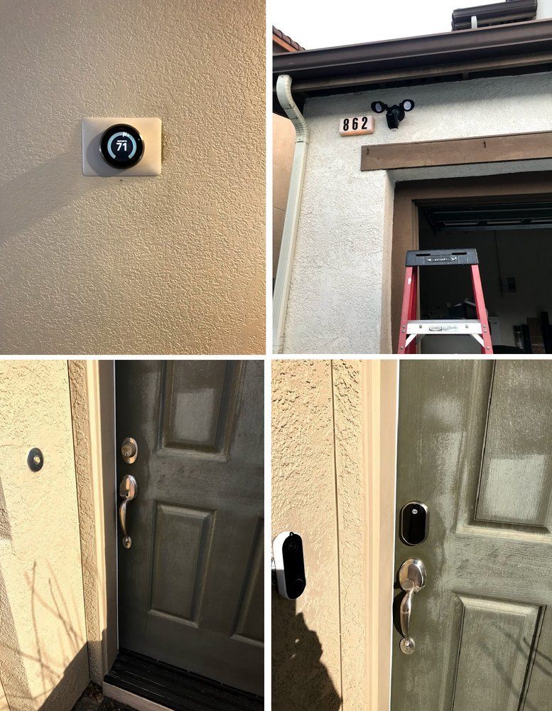 Four images: thermostat, garage exterior with security lights, front door with handle, lock and peephole.