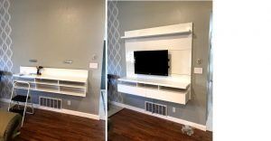 Two photos show a white floating TV stand with a TV mounted on a gray wall with decorative wallpaper.