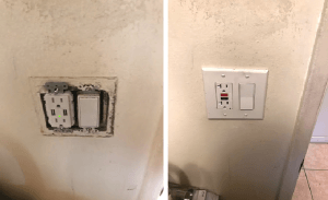 Two wall outlet and light switch configurations; one old and damaged, one new and clean.