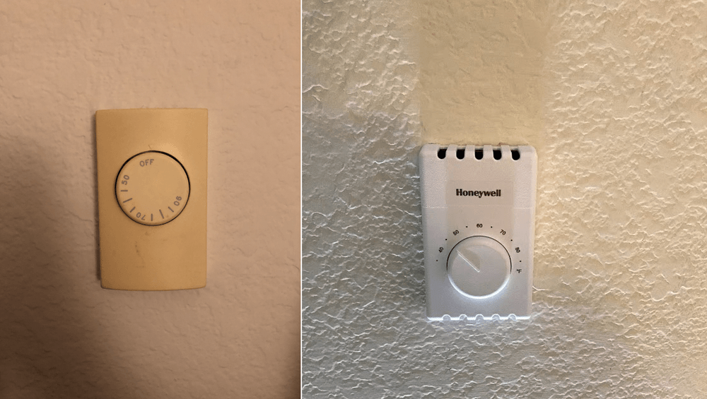 Two thermostats on walls, one off-white with a dial, the other white with a brand name and a dial.