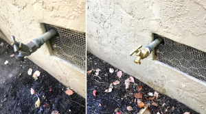 Two views of exterior water faucets protruding from a wall with a metal screen. Fallen leaves are on the ground below.