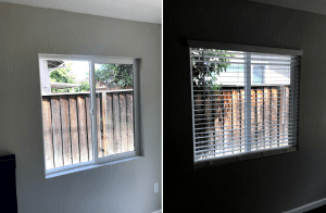 Two views of a window. Left shows window open, right shows blinds closed, blocking the view of a wooden fence.